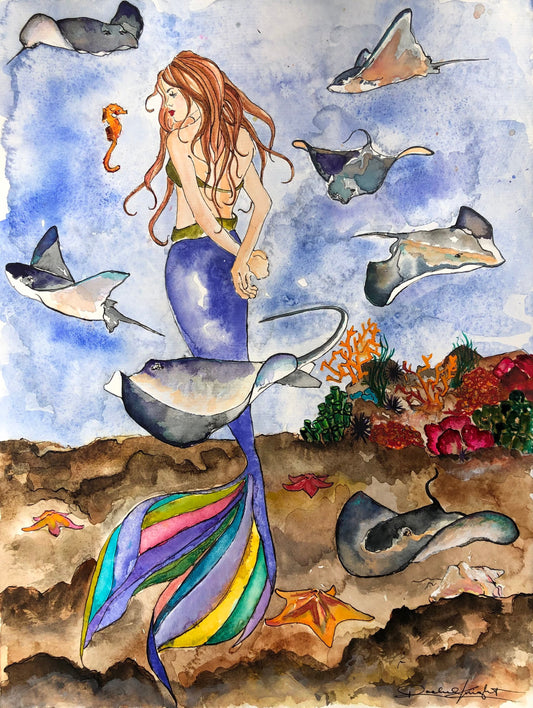 The Mermaid & the Sting Rays Art Print, Illustration, Watercolor, Mixed Media Giclee Art Print, Sea, Ocean, Seahorse