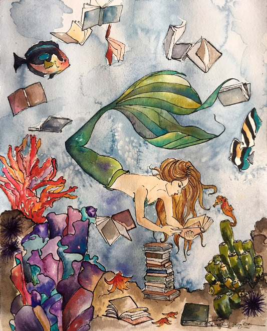 The Mermaid & the Seahorse, Books, Reading, Illustration, Watercolor, Mixed Media Giclee Art Print