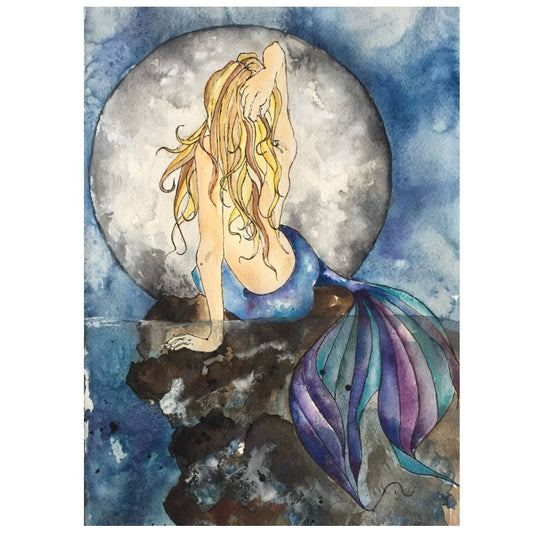 The Mermaid & the Moon, Illustration, Watercolor, Mixed Media Giclee Art Print