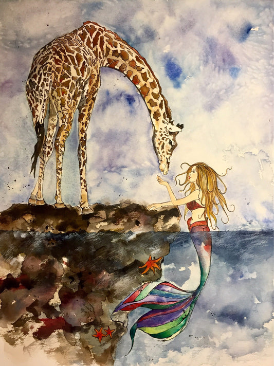 The Mermaid & the Giraffe, Illustration, Watercolor, Mixed Media Giclee Art Print