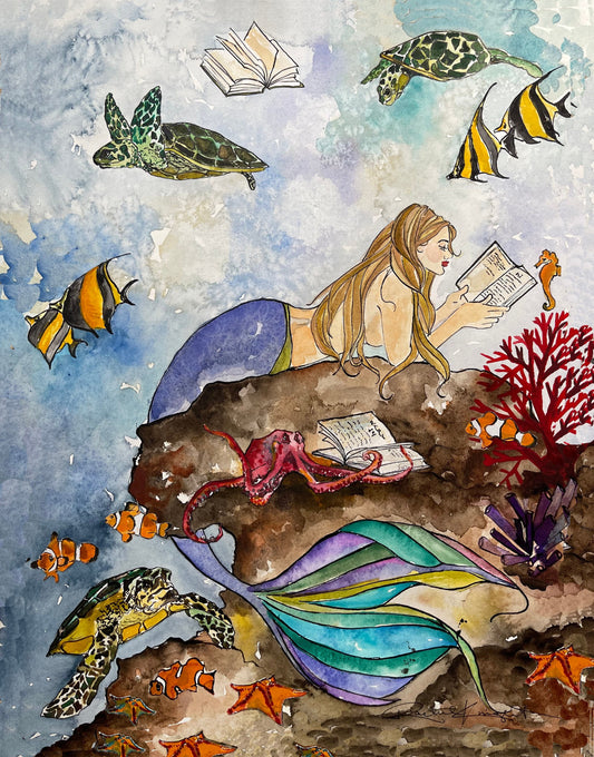 The Mermaid & the Sea Turtles III, Art Print, Reading, Illustration, Watercolor, Mixed Media Giclee Art Print