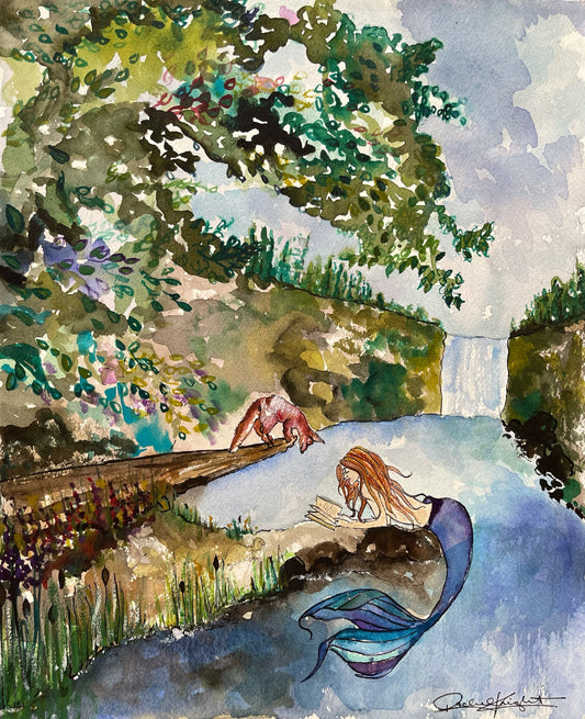 The Mermaid & the Northwest Fox, Art Print, Reading, Illustration, Watercolor, Mixed Media Giclee Art Print