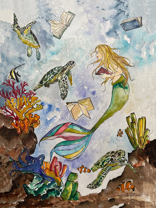 The Mermaid & the Sea Turtles I, Art Print, Reading, Illustration, Watercolor, Mixed Media Giclee Art Print