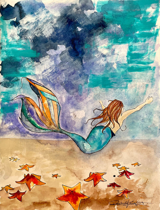 The Mermaid & the Stars, Art Print, Reading, Illustration, Watercolor, Mixed Media Giclee Art Print
