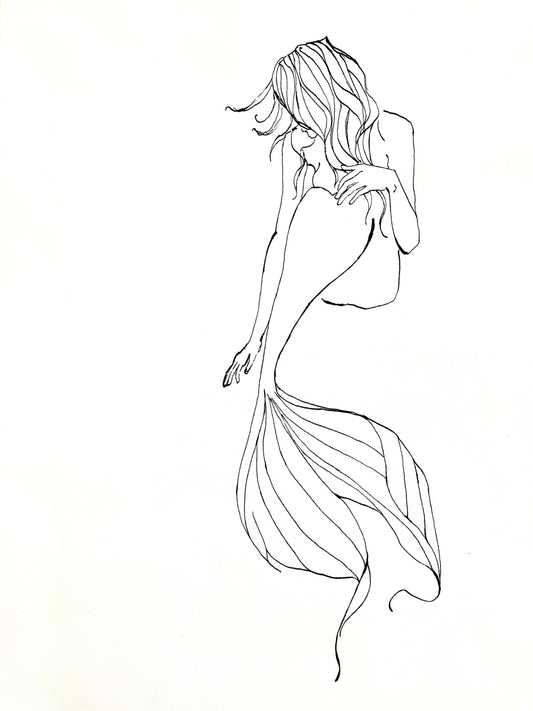 The Mermaid, Illustration, Ink Sketch, Giclee Art Print