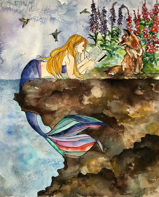 The Mermaid & the Fox, Art Print, Reading, Illustration, Watercolor, Mixed Media Giclee Art Print