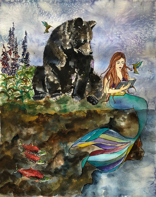 The Mermaid & the Bear, Art Print, Reading, Illustration, Watercolor, Mixed Media Giclee Art Print