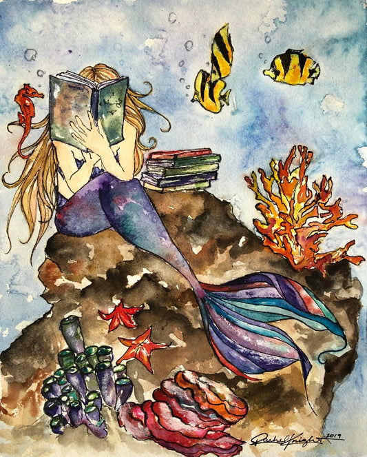 The Mermaid & Her Books, Art Print, Reading, Illustration, Watercolor, Mixed Media Giclee Art Print