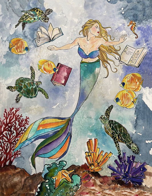 The Mermaid & the Sea Turtles II, Art Print, Reading, Illustration, Watercolor, Mixed Media Giclee Art Print