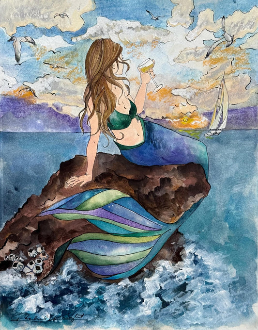 The Mermaid & the Sunset with Champagne, Art Print, Reading, Illustration, Watercolor, Mixed Media Giclee Art Print