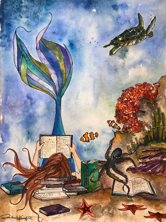 The Mermaid & the Octopus, Art Print, Reading, Illustration, Watercolor, Mixed Media Giclee Art Print