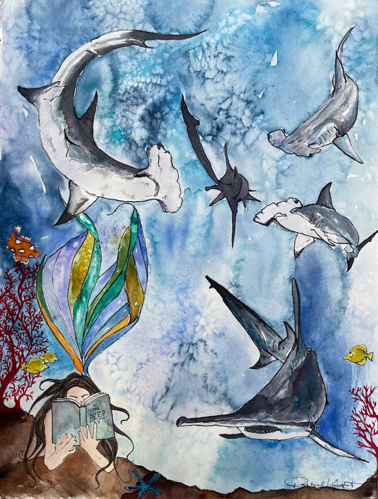 The Mermaid & the Sharks, Art Print, Reading, Illustration, Watercolor, Mixed Media Giclee Art Print