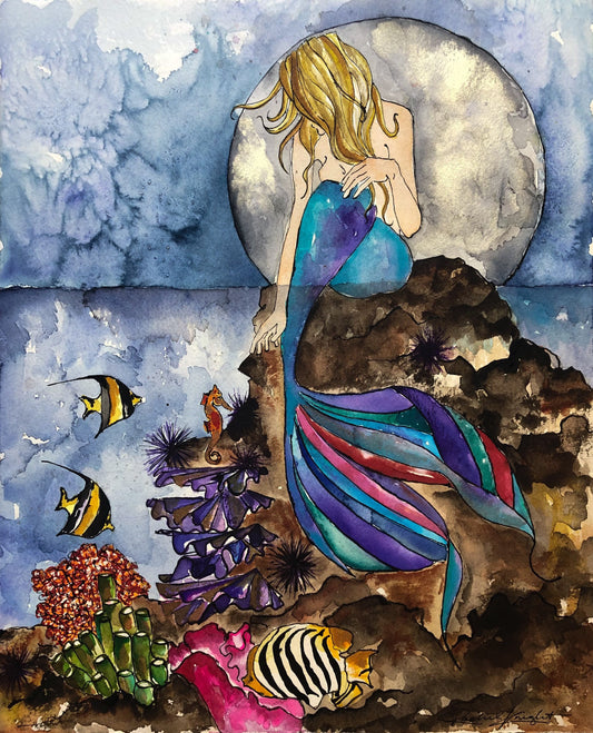 The Mermaid & the Seahorse Art Print, Reading, Illustration, Watercolor, Mixed Media Giclee Art Print